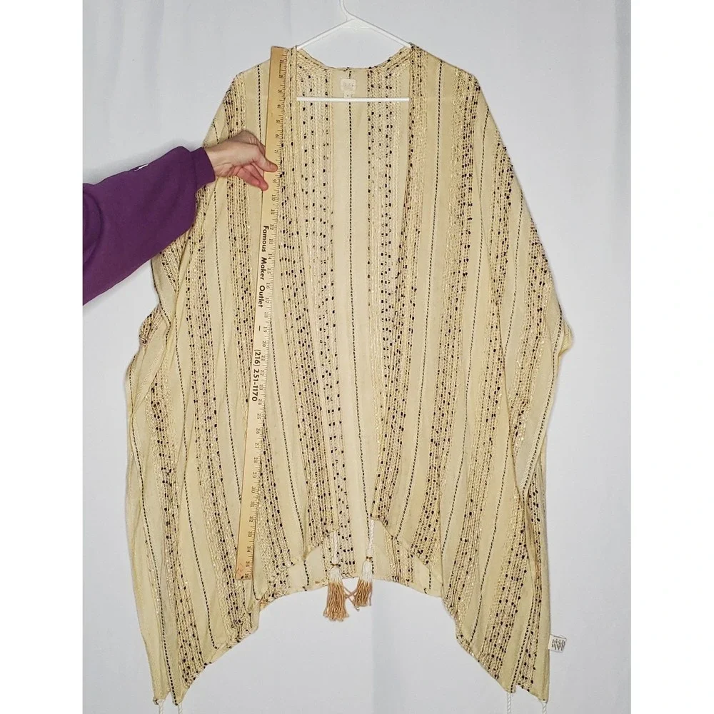 Surf Gypsy Cover Up Medium Beige Textured Stripe Tassel Boho Airy‎ Minimalist